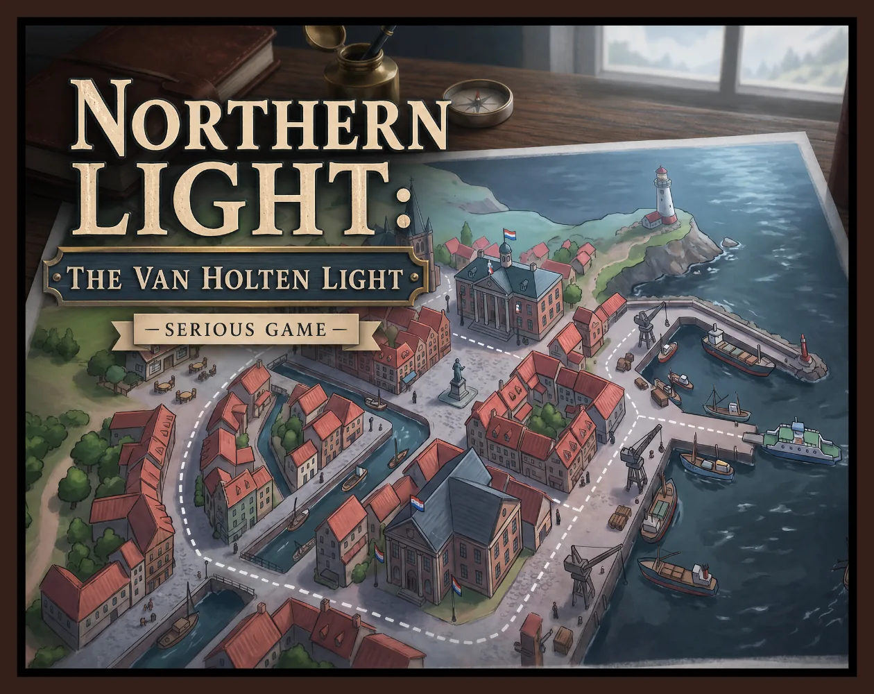 Cover illustration of "Northern Light: The Van Holten Light — Serious Game". A hand-drawn map of a Dutch coastal town shows red-roofed houses, a canal, a town square with a statue, a council building flying a Dutch flag, a working harbour with cargo ships and cranes, and a clifftop lighthouse on the right. A leather notebook, brass ink-pen stand, and compass sit on the wooden desk above the map. A serpentine dotted line traces the player's investigation route between locations.